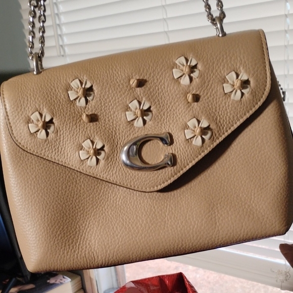 Coach Handbags - Coach Tammie Tan Leather Floral Embellished Shoulder Bag Free shipping NOCallout